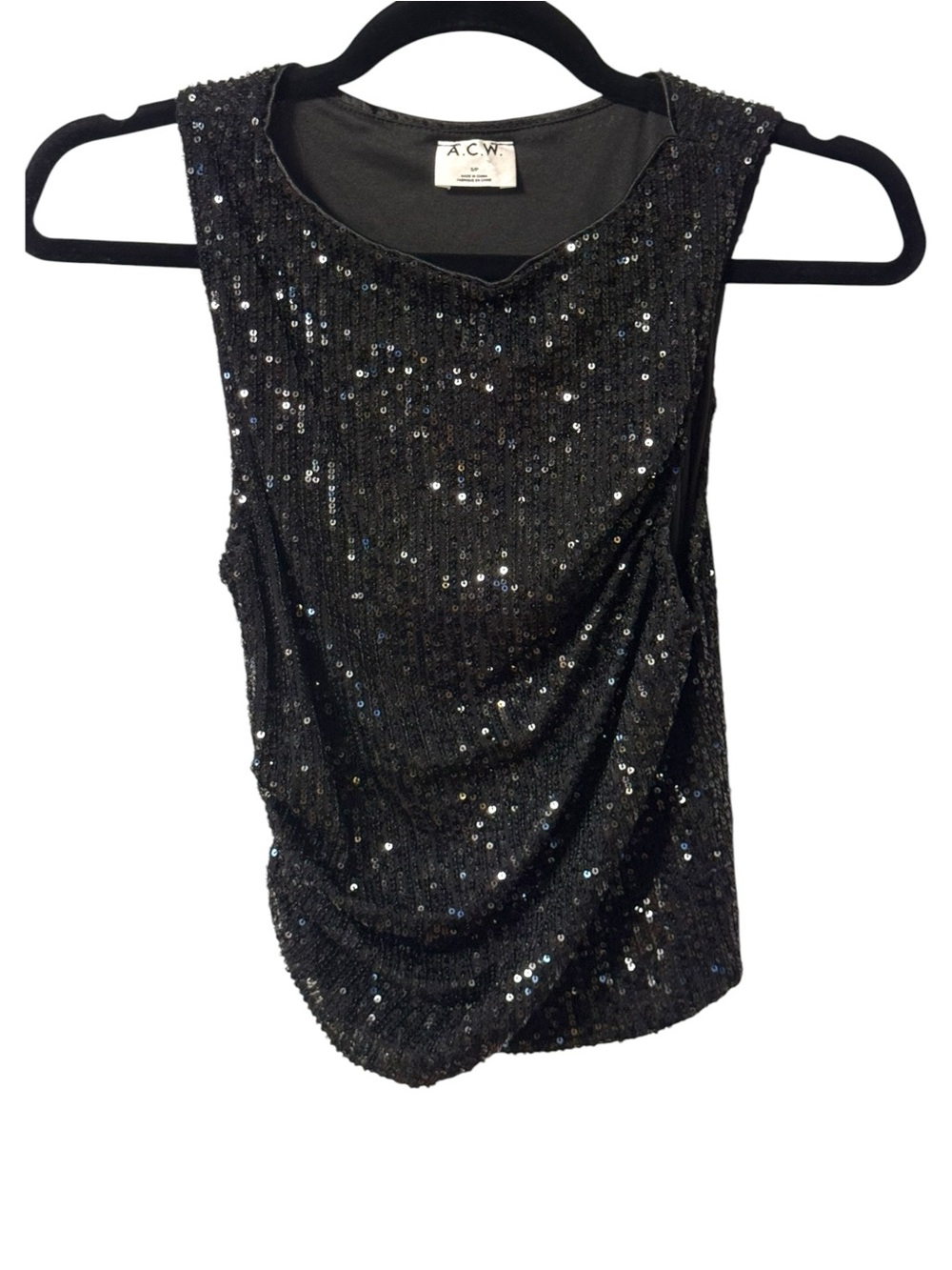 ACW Sleeveless Black Sequin Top Women’s Small Ruched